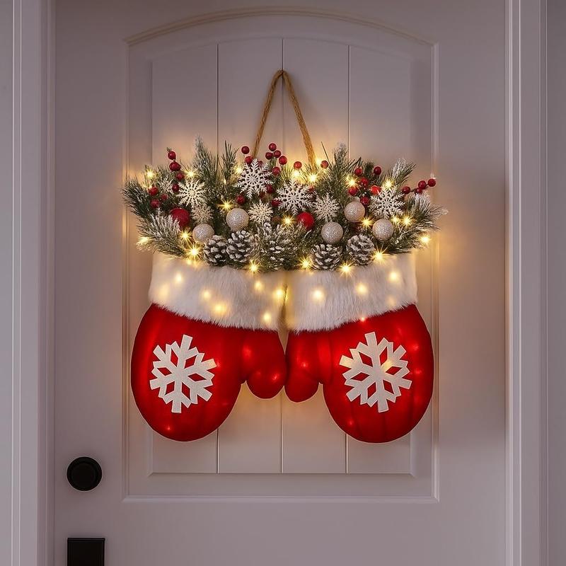 🎄🎅Christmas Glove Wreath for Front Door with Artificial Pine Branches