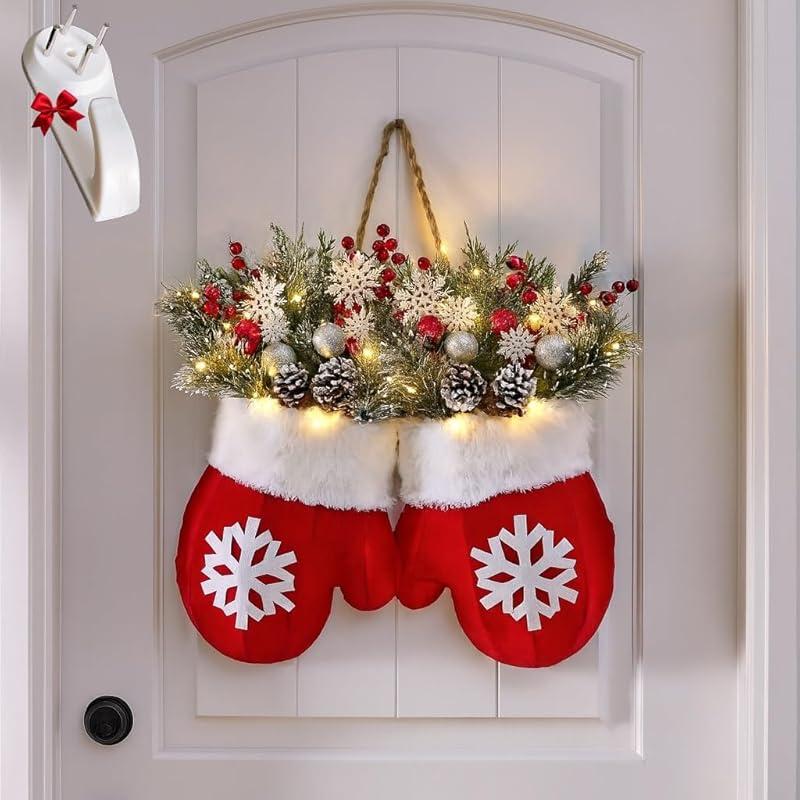 🎄🎅Christmas Glove Wreath for Front Door with Artificial Pine Branches